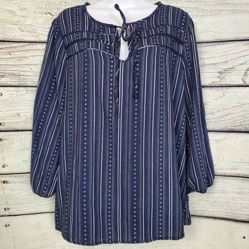 Como Vintage Women’s Navy Blue Striped Boho Peasant Top L Tie Neck Long Sleeve